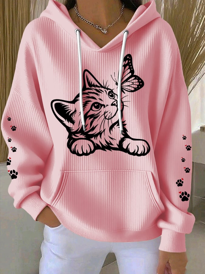 Women'S Cute Cat print Casual Hoodie Sweatshirt
