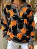 Women's Casual Black Cat Print Knit Top for Halloween