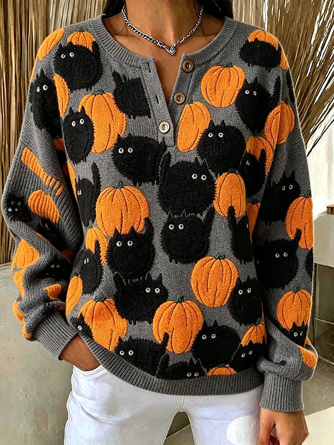 Women's Casual Black Cat Print Knit Top for Halloween