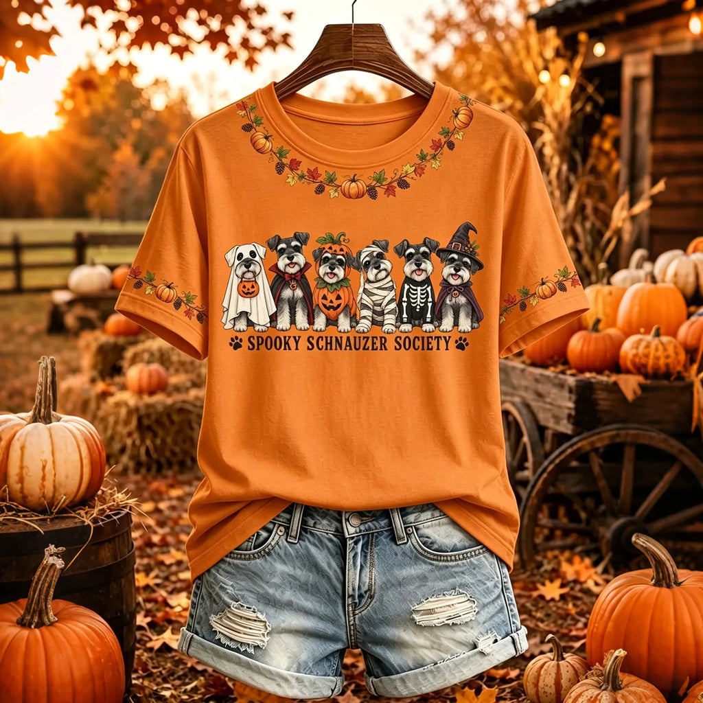 Women's Cute Dogs In Fall Print Crew Neck Short Sleeve T-shirt