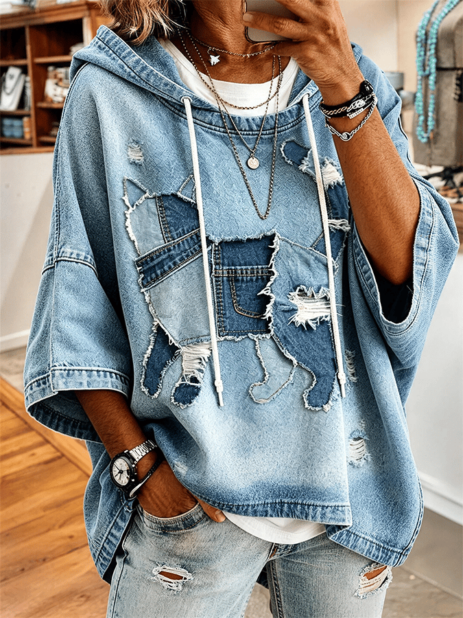 Retro Animal Patchwork Cat Pattern Comfortable Short-Sleeved Hoodie