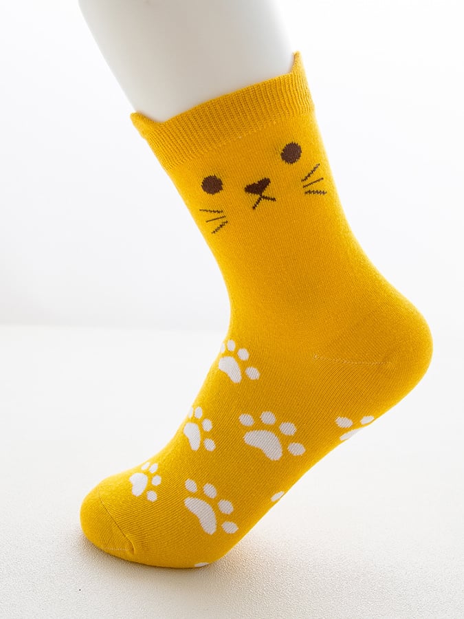 Women's Cotton Cat Cubic Ears Footprint Mid Calf Socks
