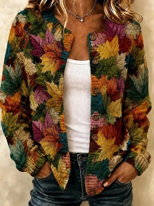Women's Vintage Colorful Boho Maple Leaf Print Cardigan Casual Long Sleeve Knit Jacket