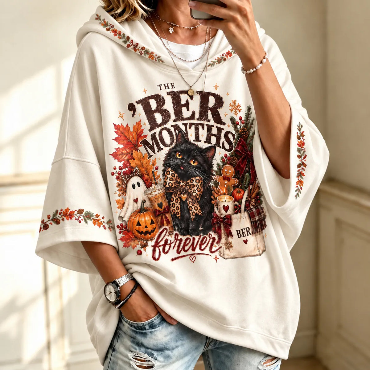 Women's Vintage The 'ber Months Cat Art Print Half Sleeve Casual Hoodie