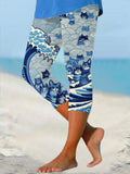 Women's Blue Waves&Cats Printed Cropped Yoga Leggings