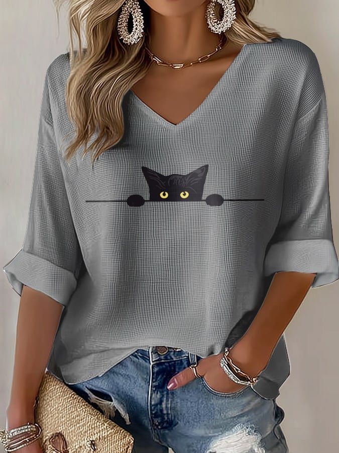 🐾Buy 3 Save 10%🐱Women's Cat Print Waffle T-shirt💛100% For Shelter Pets🐱🐶