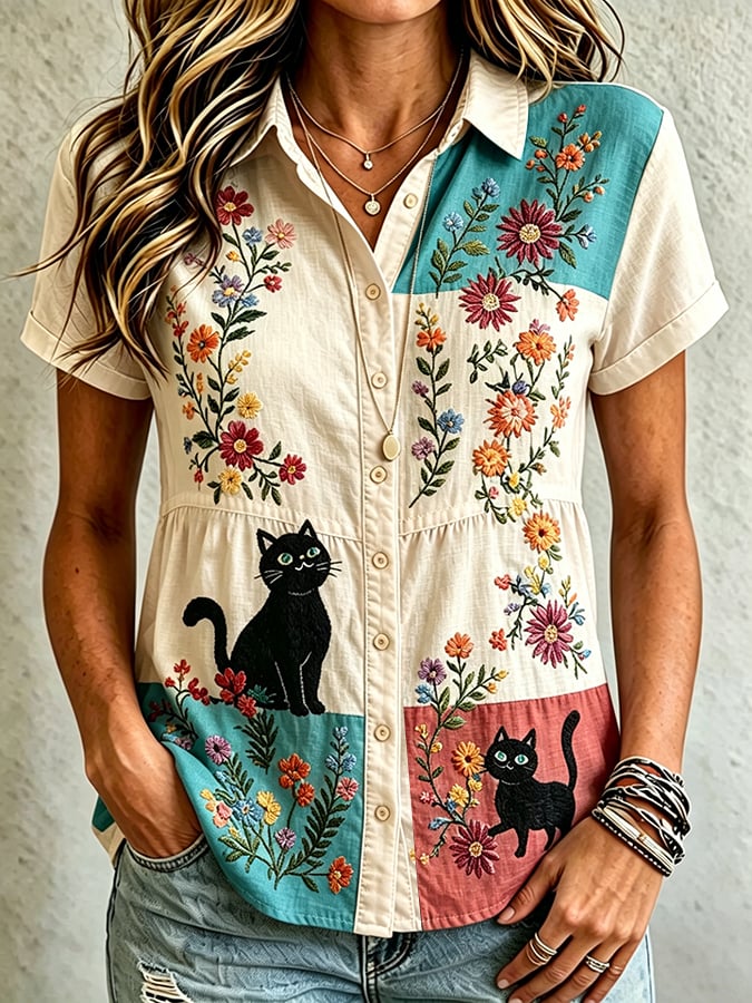 🐾Buy 3 Save 10%🐱Women's Casual Cat Floral Print Shirt💛100% For Shelter Pets🐱🐶