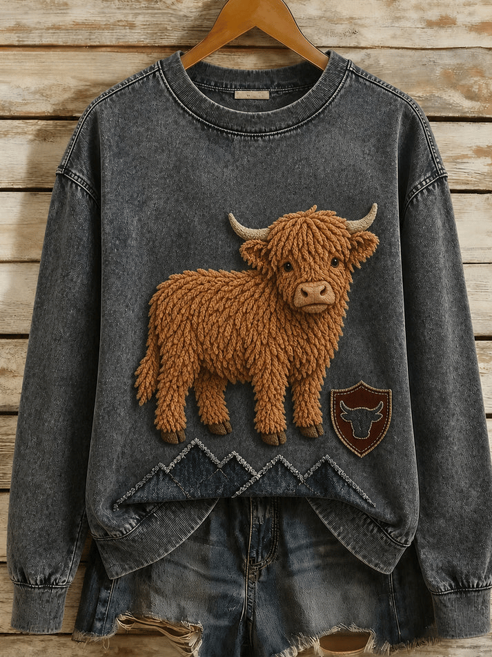 Women's Retro Highland Cow Printed Sweatshirt