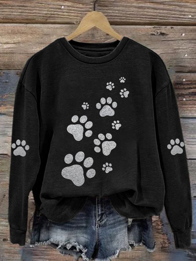 Women'S Silver Glitter CAT Paw Print Casual Sweatshirt