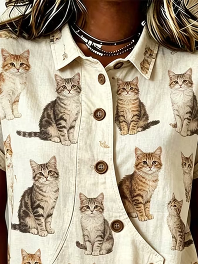 Women's Casual Collared Printed Patchwork Shirt