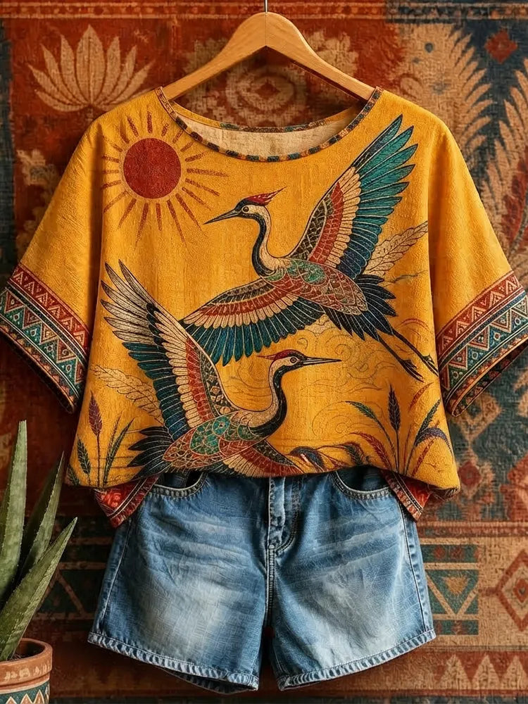 Women's Crane Sun Ethnic Print Short-sleeve T-shirt