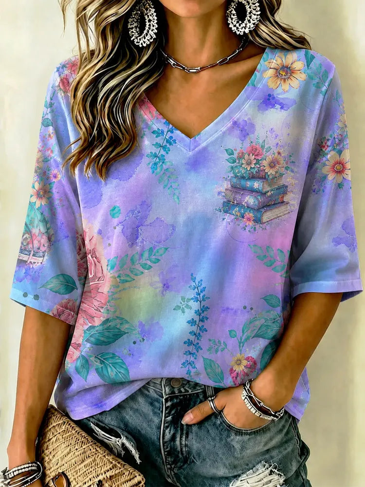 Women's Bohemian Colorful Tie-dye Floral Short Sleeve Top