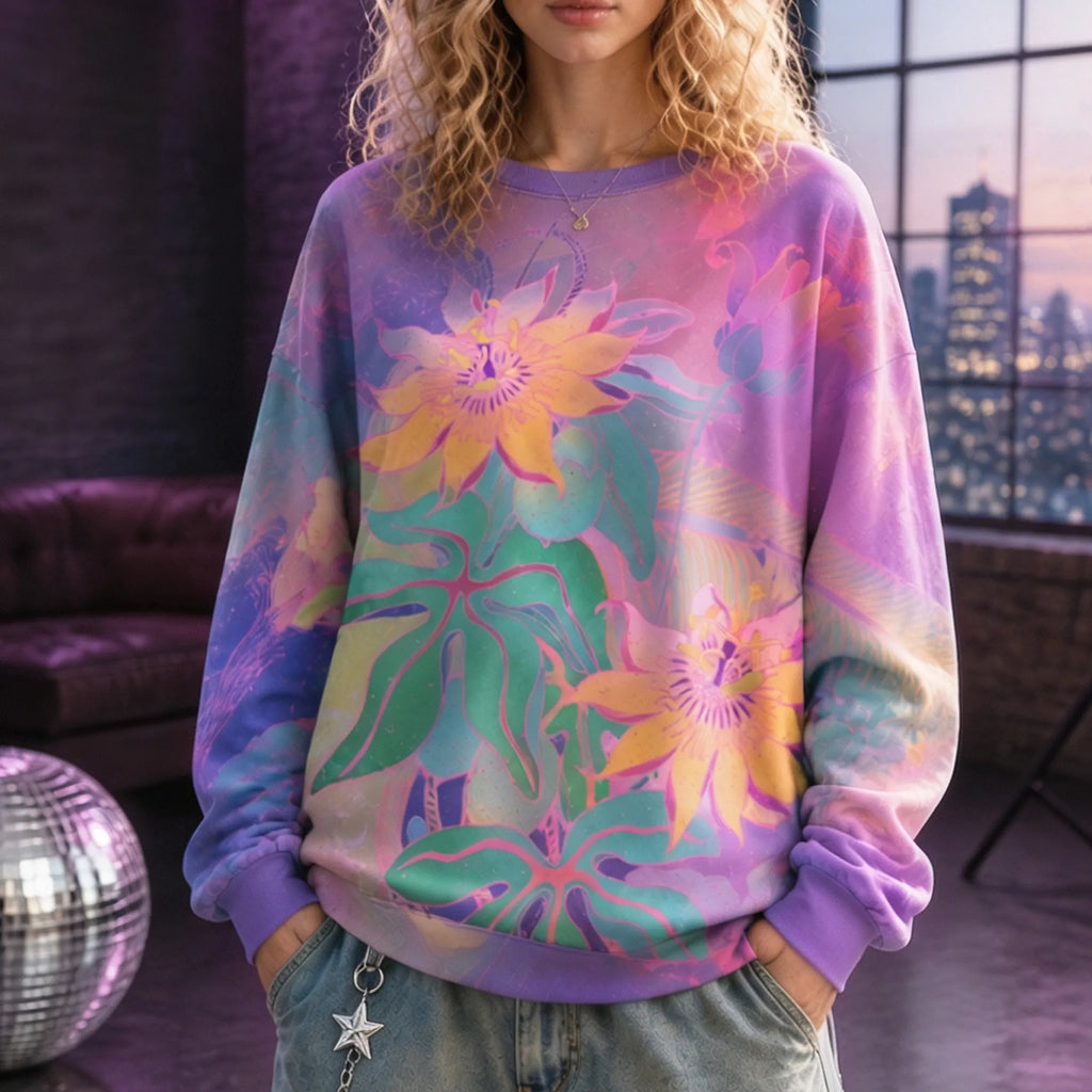 Women's Retro Y2k Bohemian Psychedelic Tropical Passion Fruit Print Crew Neck Sweatshirt