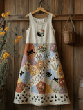 🐾 Buy 3 Save 10%🐱Women's Retro Floral Cats Print Casual Sleeveless Midi Dress💛100% For Shelter Pets🐱🐶