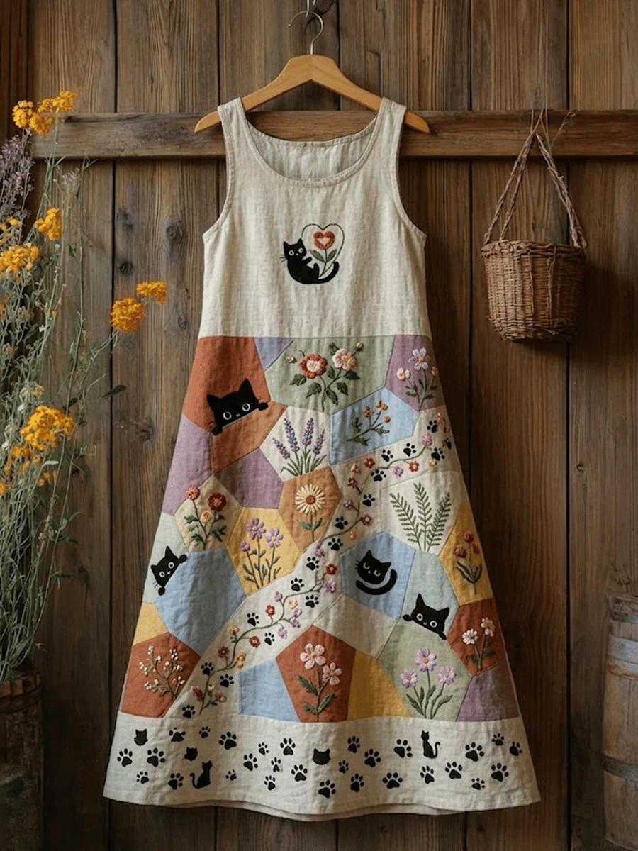🐾 Buy 3 Save 10%🐱Women's Retro Floral Cats Print Casual Sleeveless Midi Dress💛100% For Shelter Pets🐱🐶