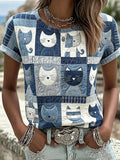 Women's Geometric Group Cat Printed Vintage Fashion Loose Short Sleeve T-Shirt