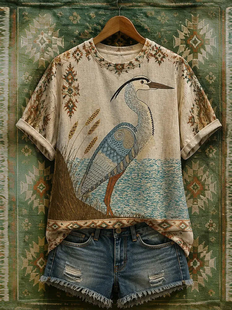 Women's Bird Standing By The Water Art Crew Neck Top