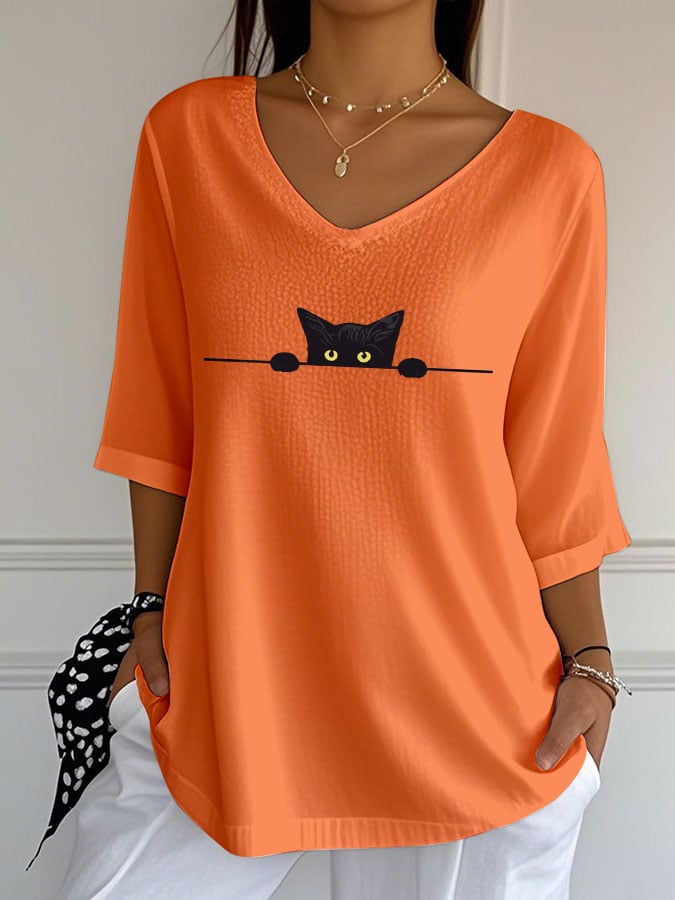 🐾Buy 3 Save 10%🐱Women's Cute Cat Print Casual V-Neck T-Shirt💛100% For Shelter Pets🐱🐶