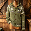 Women's Retro Farm Border Collie With Sheep Patterns Cozy Fair Isle Style Knit Hooded Cardigan