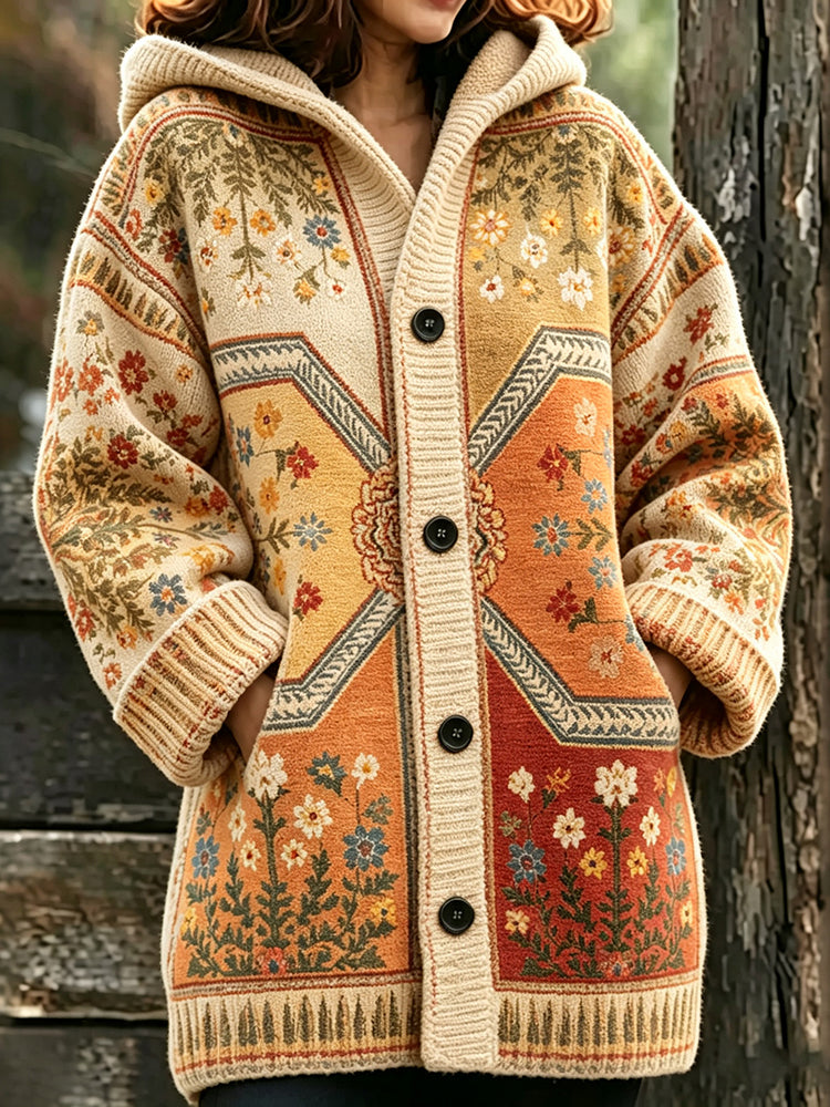 Women's Vintage Floral Art Print Hooded Cardigan Sweater