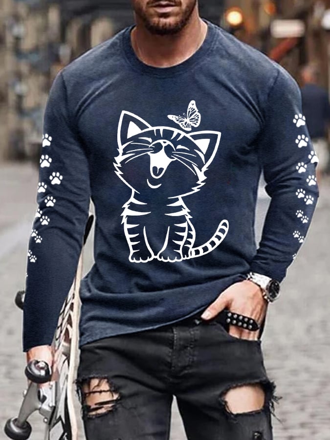Men'S Cat Print Casual Long-Sleeved T-Shirt