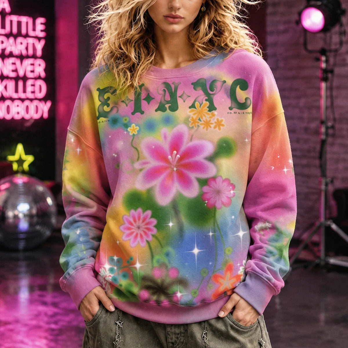 Vintage Colorful Bohemian Style Y2k Spray-painted Dreamy Floral And Star Pattern Crew Neck Sweatshirt
