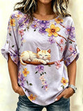 Women's Cat-Themed Cotton-Linen Top
