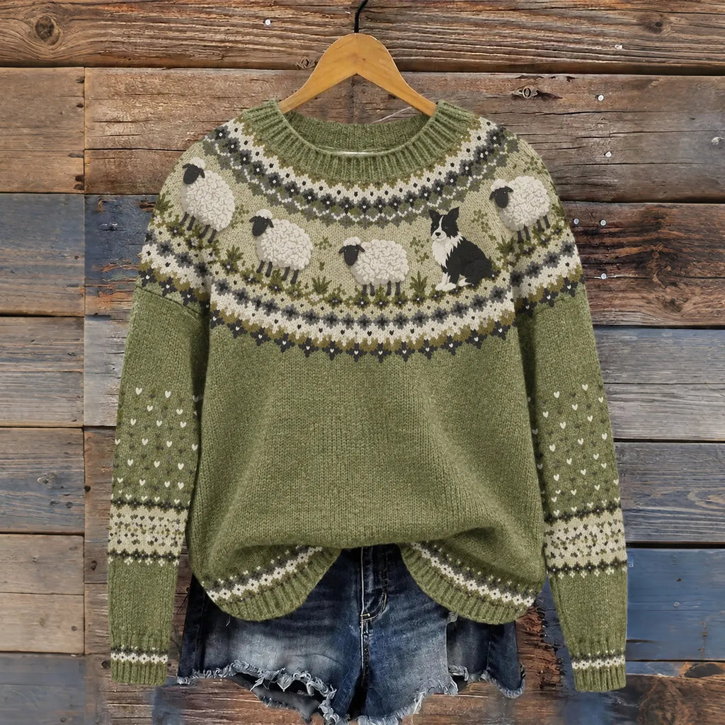 Women's Retro Farm Border Collie With Sheep Patterns Cozy Fair Isle Style Knit Sweater