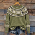 Women's Retro Farm Border Collie With Sheep Patterns Cozy Fair Isle Style Knit Sweater