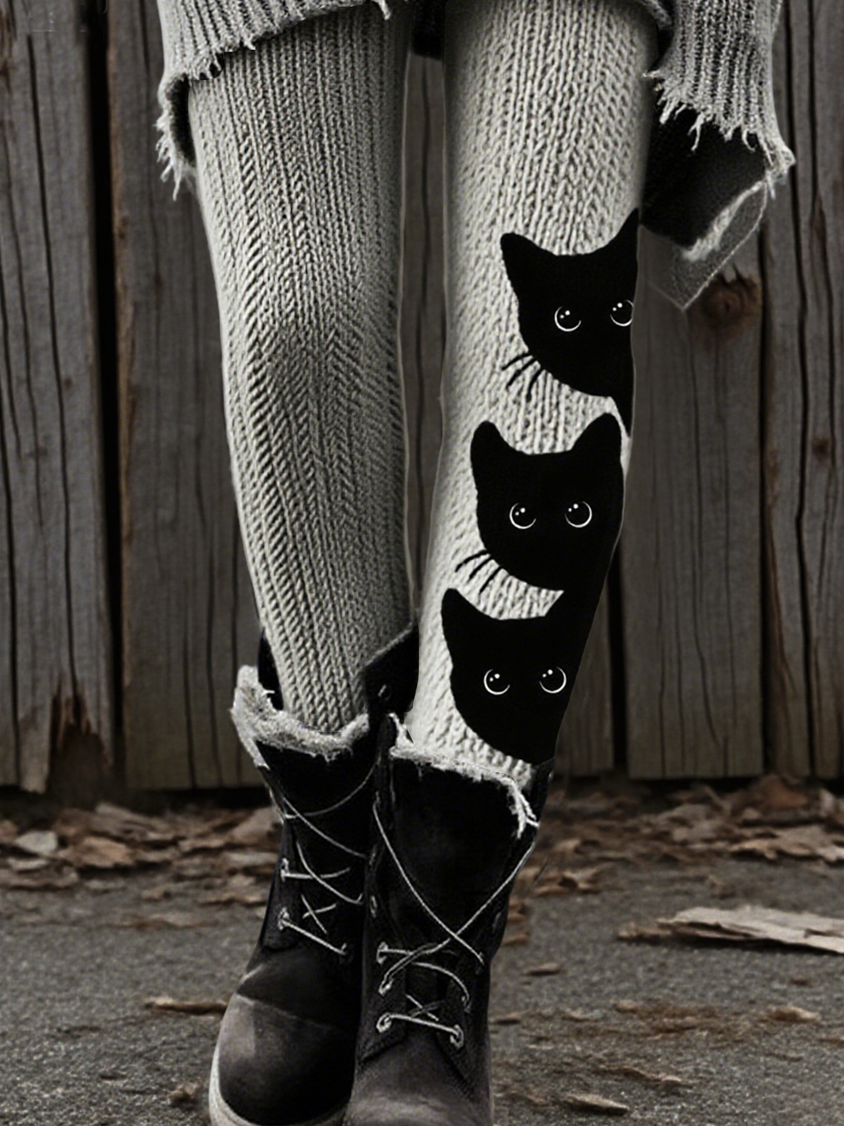 Women's Autumn and Winter Halloween Retro Three-Dimensional Sweater Textured Curious Three Little Black Cats Printed Holiday Pants
