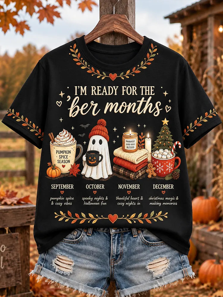 Women's "i'm Ready For The 'ber Months" Pumpkin Spice Ghost And Holiday Icons Graphic T-shirt