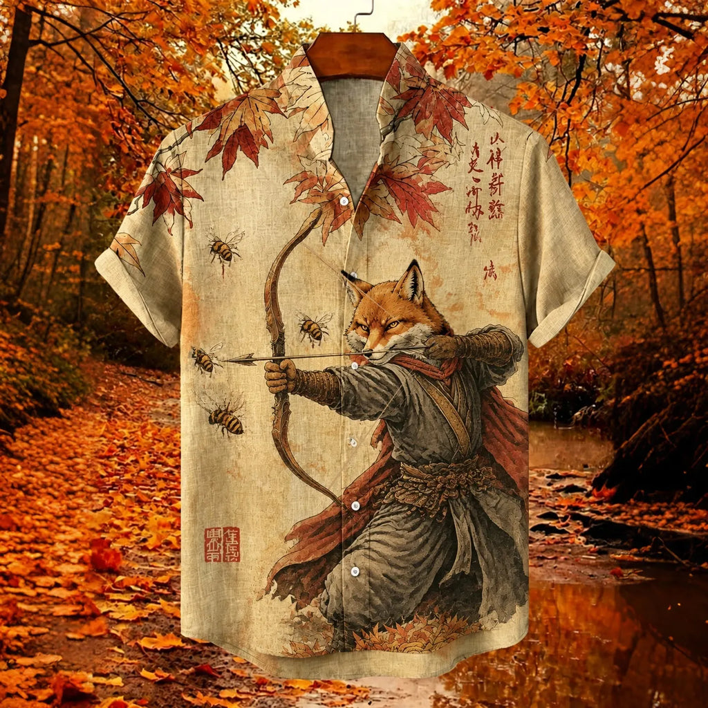 Men's Retro Samurai Fox In Fall Japanese Archery Graphic Print Short Sleeve Shirt