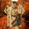 Men's Retro Samurai Fox In Fall Japanese Archery Graphic Print Short Sleeve Shirt