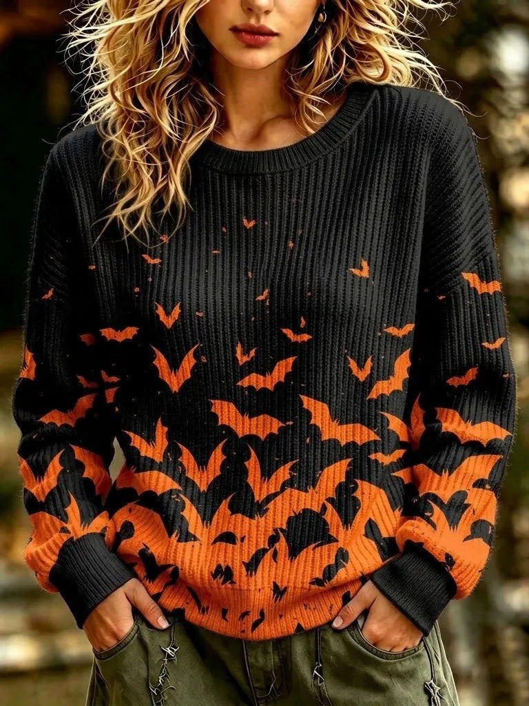 Women's Retro Halloween Bat Print Sweater