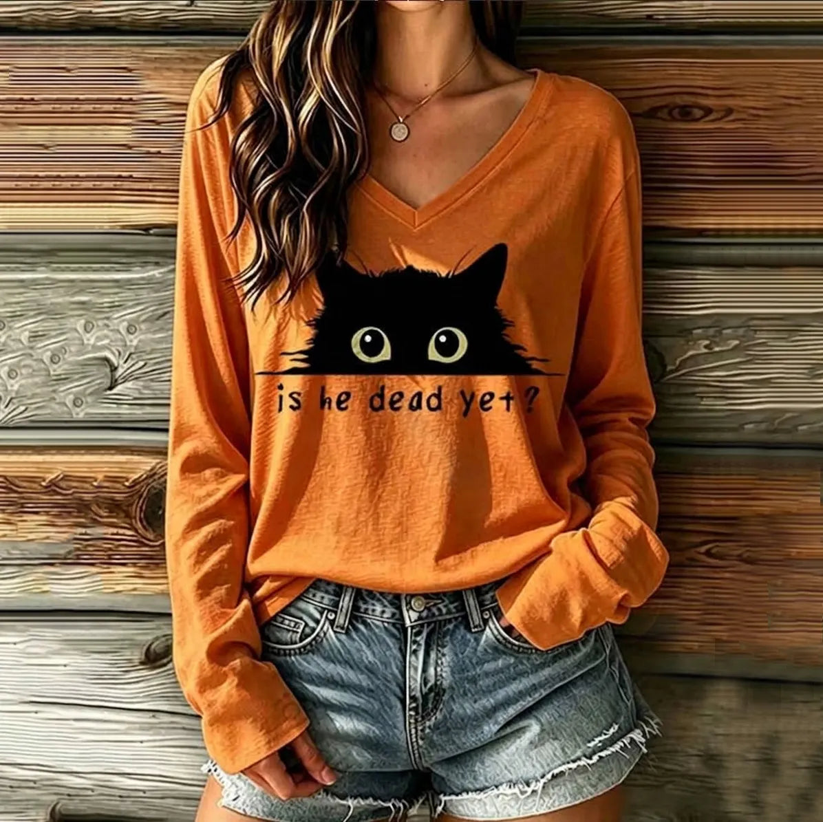 Women's Vintage Is He Dead Yet Black Cat  Print V-neck Long Sleeve T-shirt