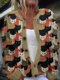 Women's Cute Cat Pattern Crew Neck Cardigan
