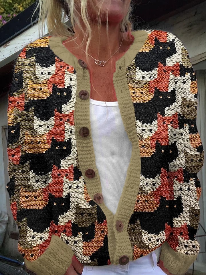 Women's Cute Cat Pattern Crew Neck Cardigan