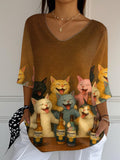 Women's Cute Cat V-Neck Print Long Ribbed Top