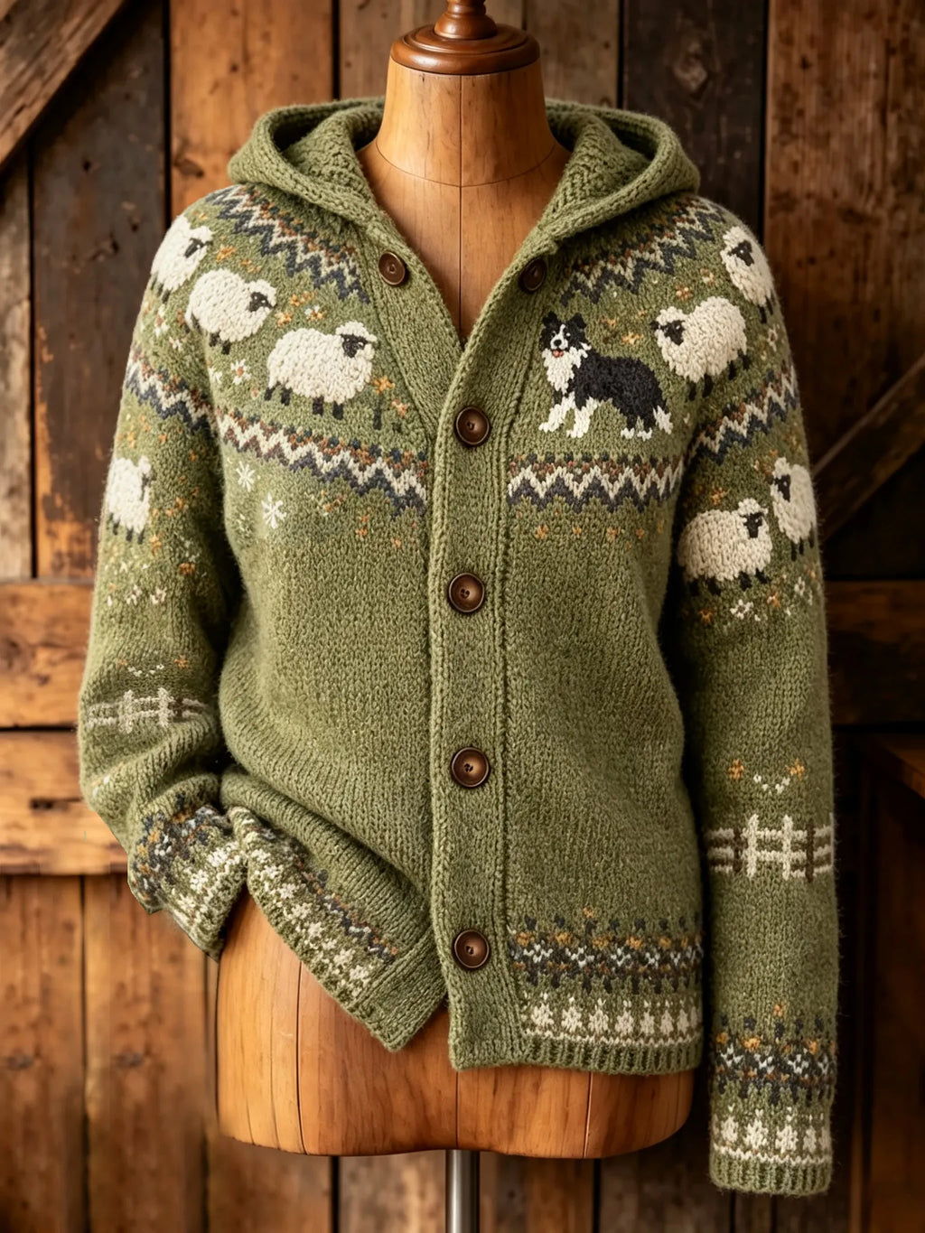 Women's Retro Farm Border Collie With Sheep Patterns Cozy Fair Isle Style Knit Hooded Cardigan