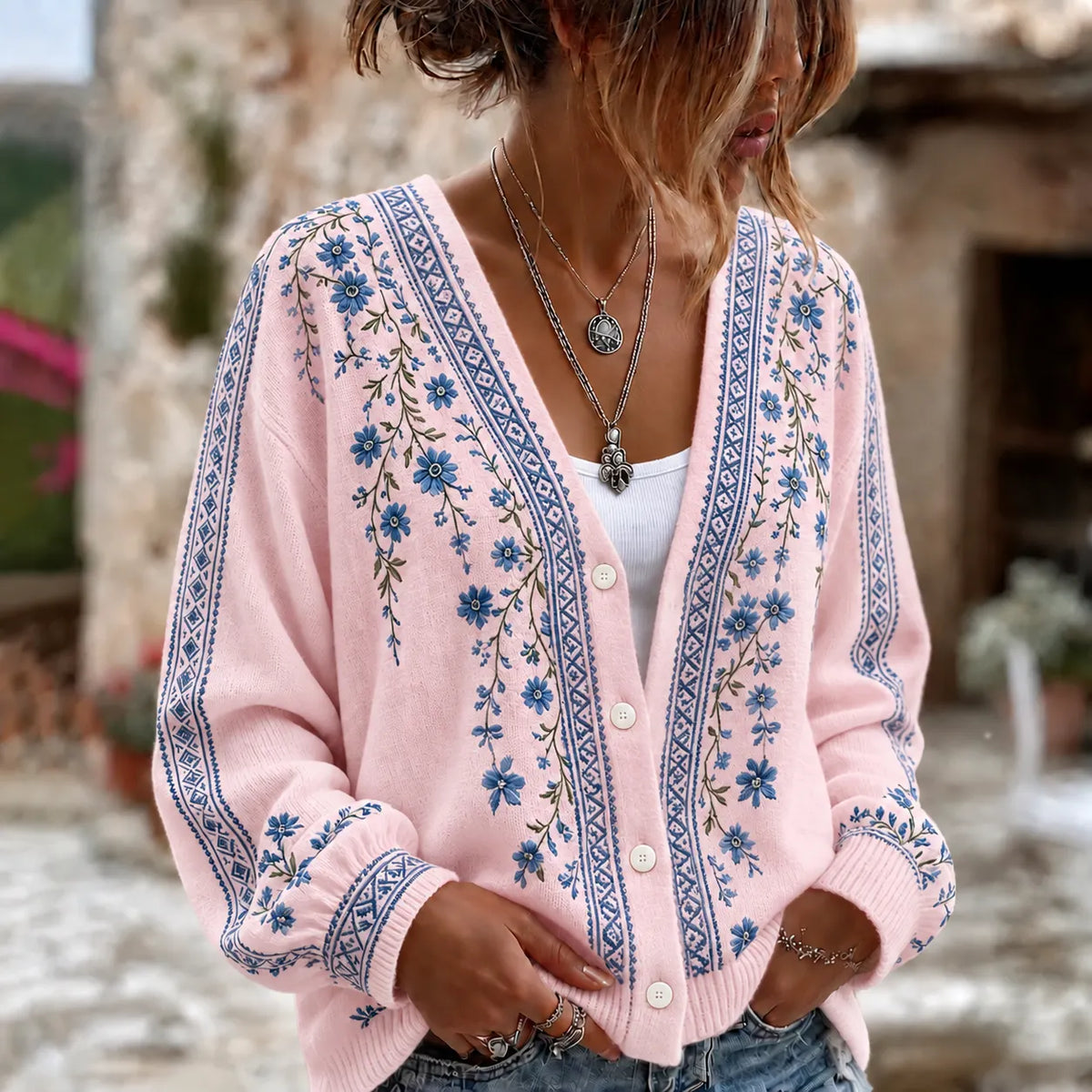Women's Retro Floral Pattern Art Casual Knit Cardigan