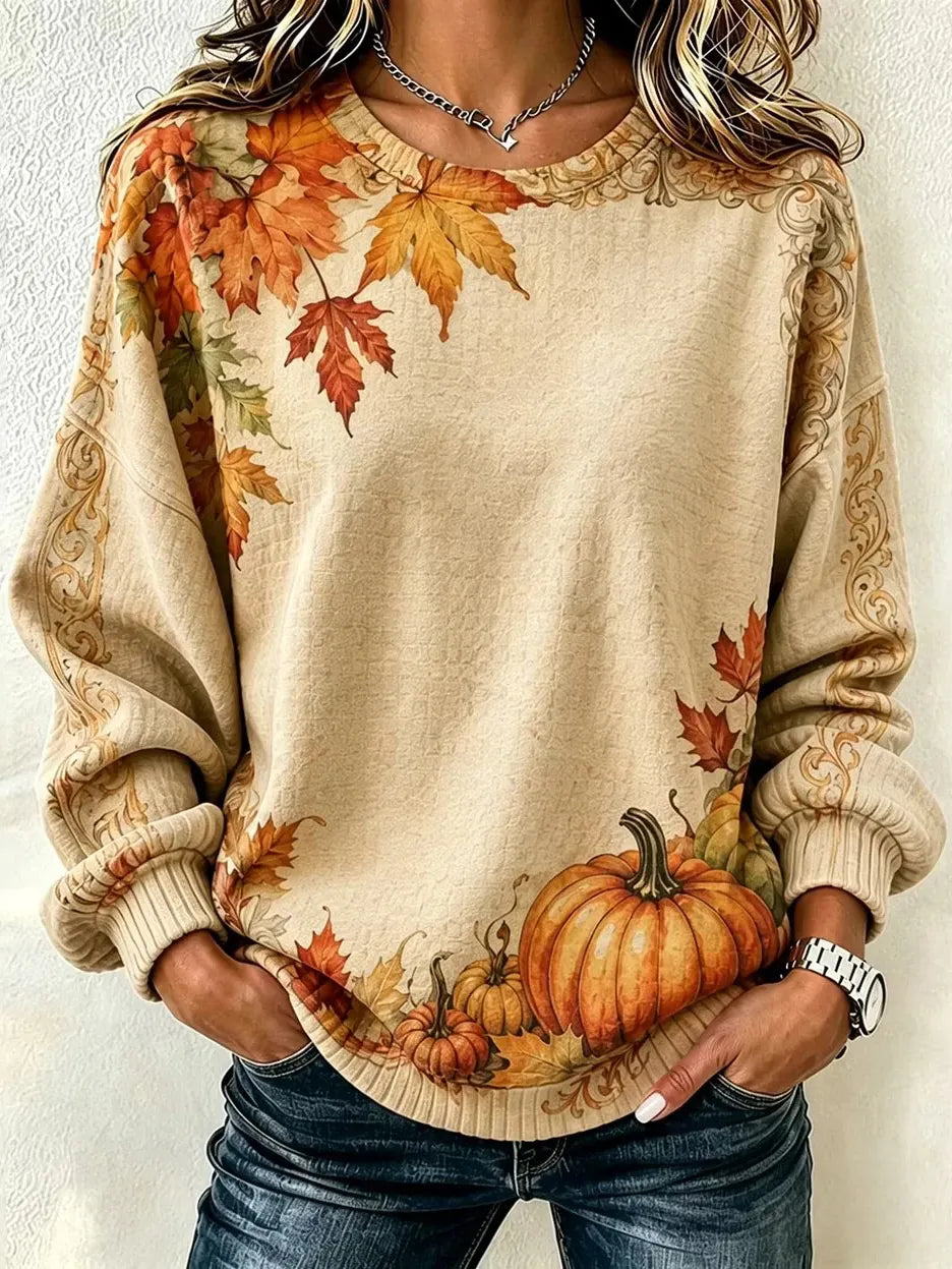 Women's With Vintage Maple Leaf And Pumpkin Print Casual Sweatshirt