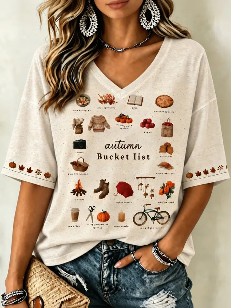 Women's Autumn Bucket List Print Short-sleeve Top