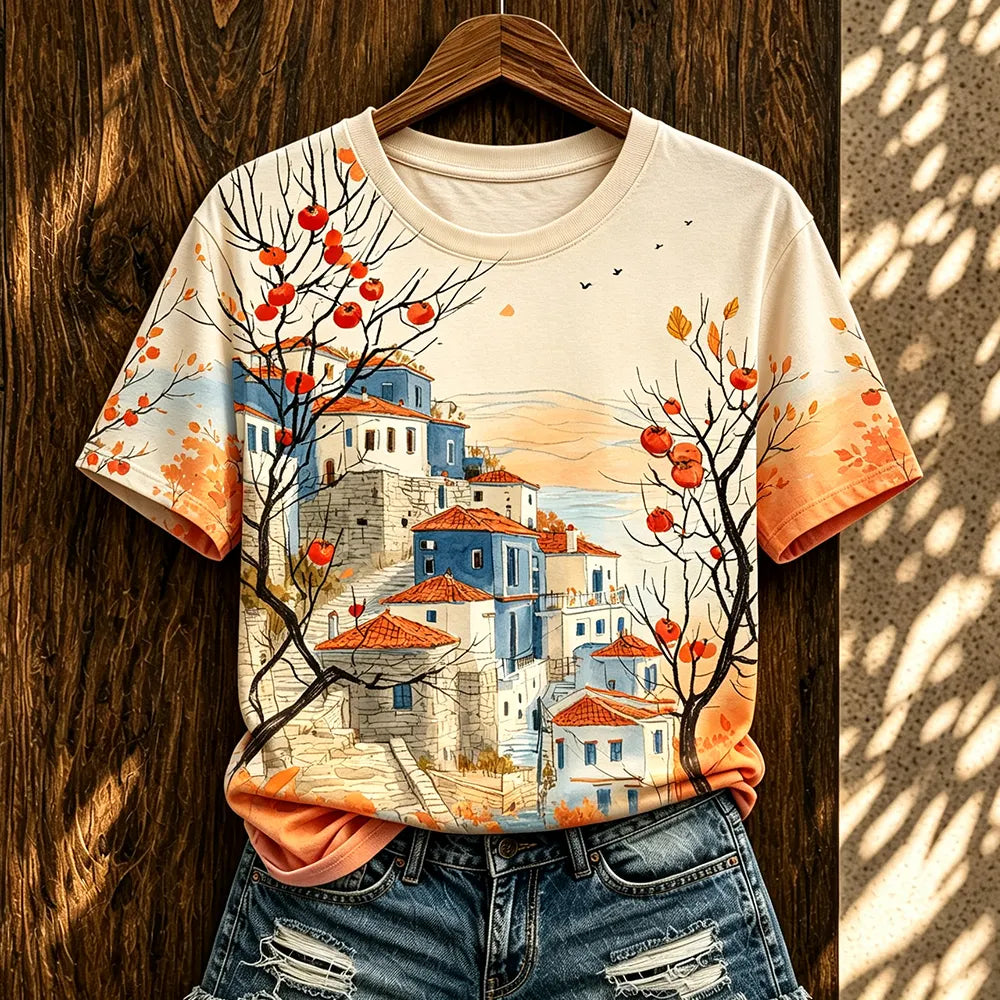 Women's Casual Short-sleeve T-shirt - Mediterranean Village & Persimmon Tree Watercolor Print