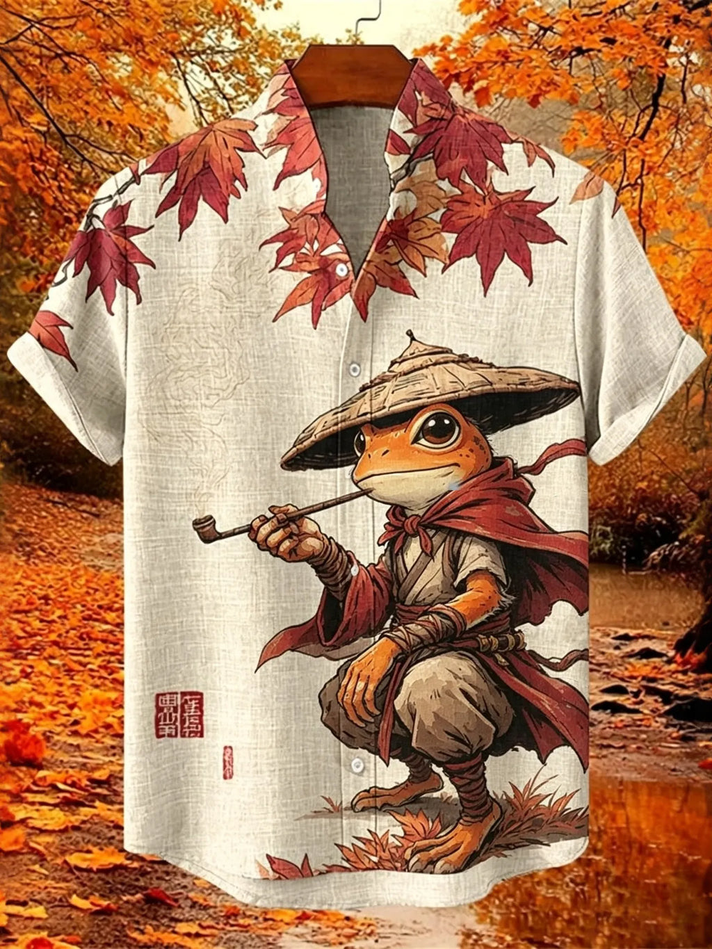 Men's Retro Samurai Frog In Fall Japanese Ukiyo-e Graphic Print Short Sleeve Shirt