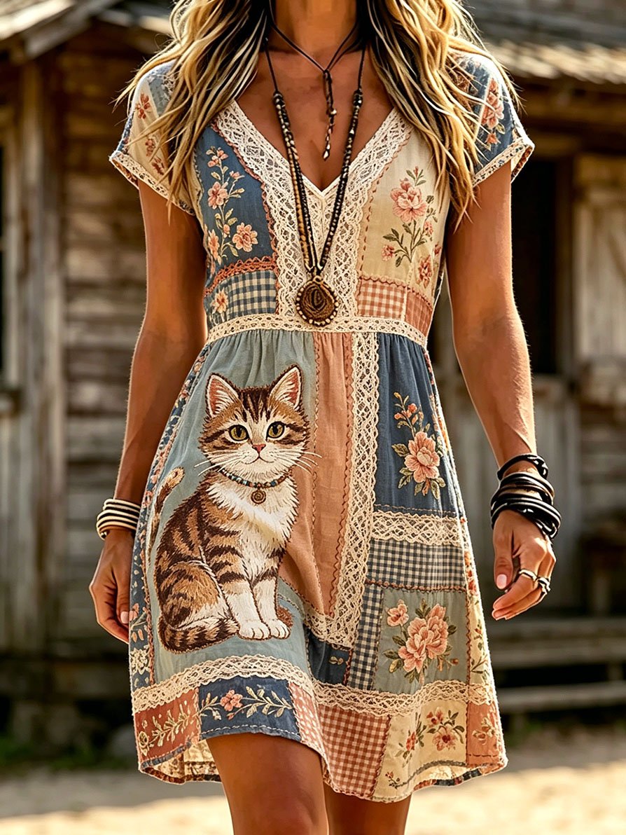 Women's Casual Retro Cat-Print Dress