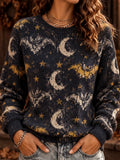 Women's Halloween Gothic Bat & Crescent Moon Pattern Knitted Crewneck Sweater