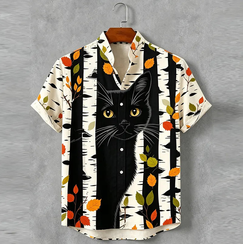 Men's Retro Autumn Leaves And Black Cat Pattern Casual Shirt