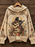 Women's Bohemian Style Floral Moon Black Cat Guitar Pattern Knitted Hooded Sweater