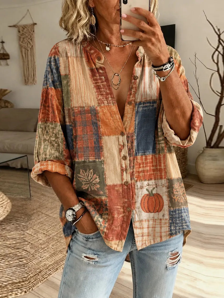 Women's Autumn Color-block Pumpkin Print Shirt