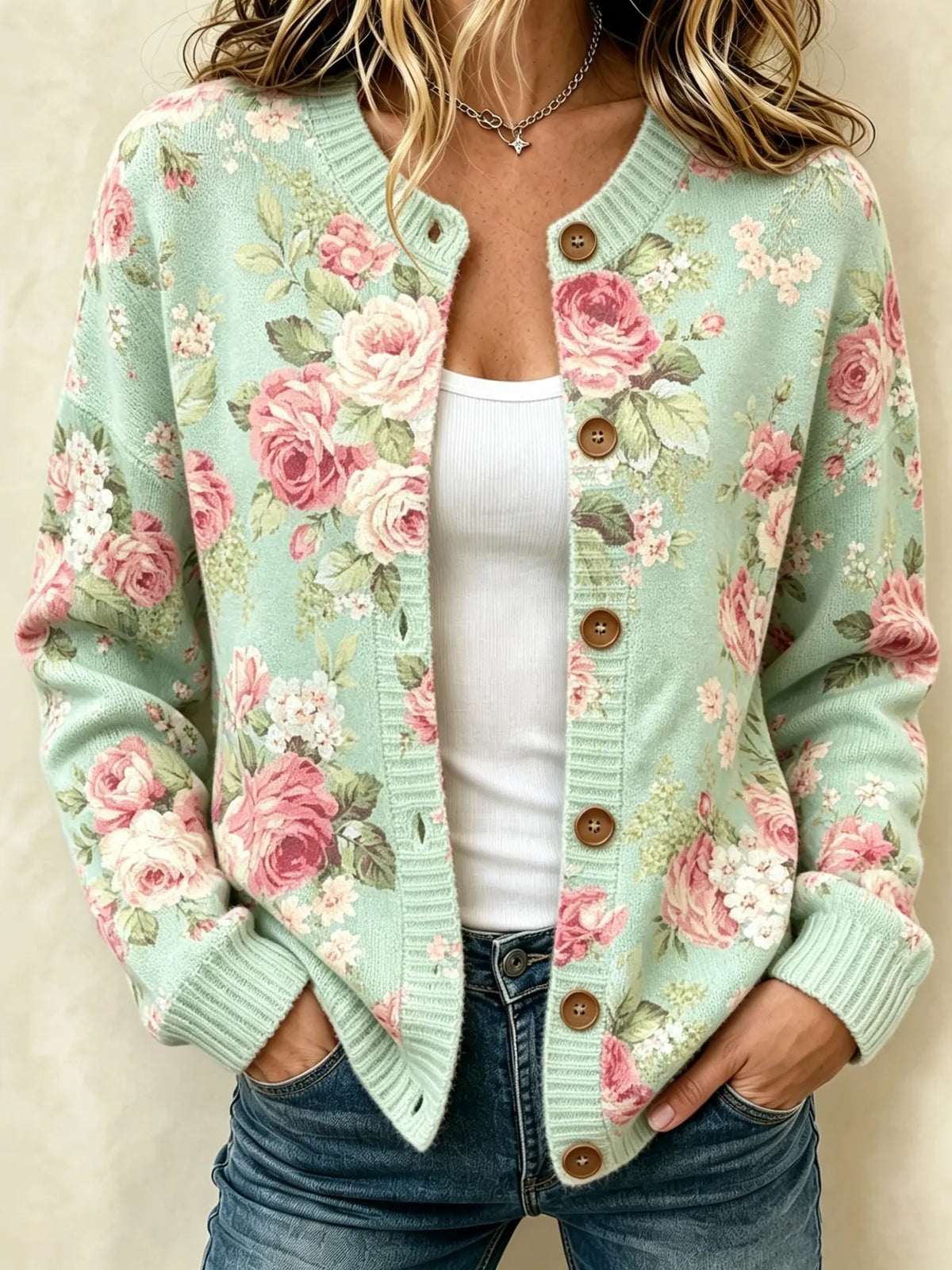 Women's Retro Floral Art Knit Button Cardigan